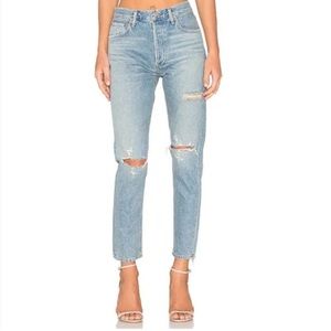 NWT Agolde Jamie Hi Rise Classic Jeans in Dakota Distressed Busted Knee